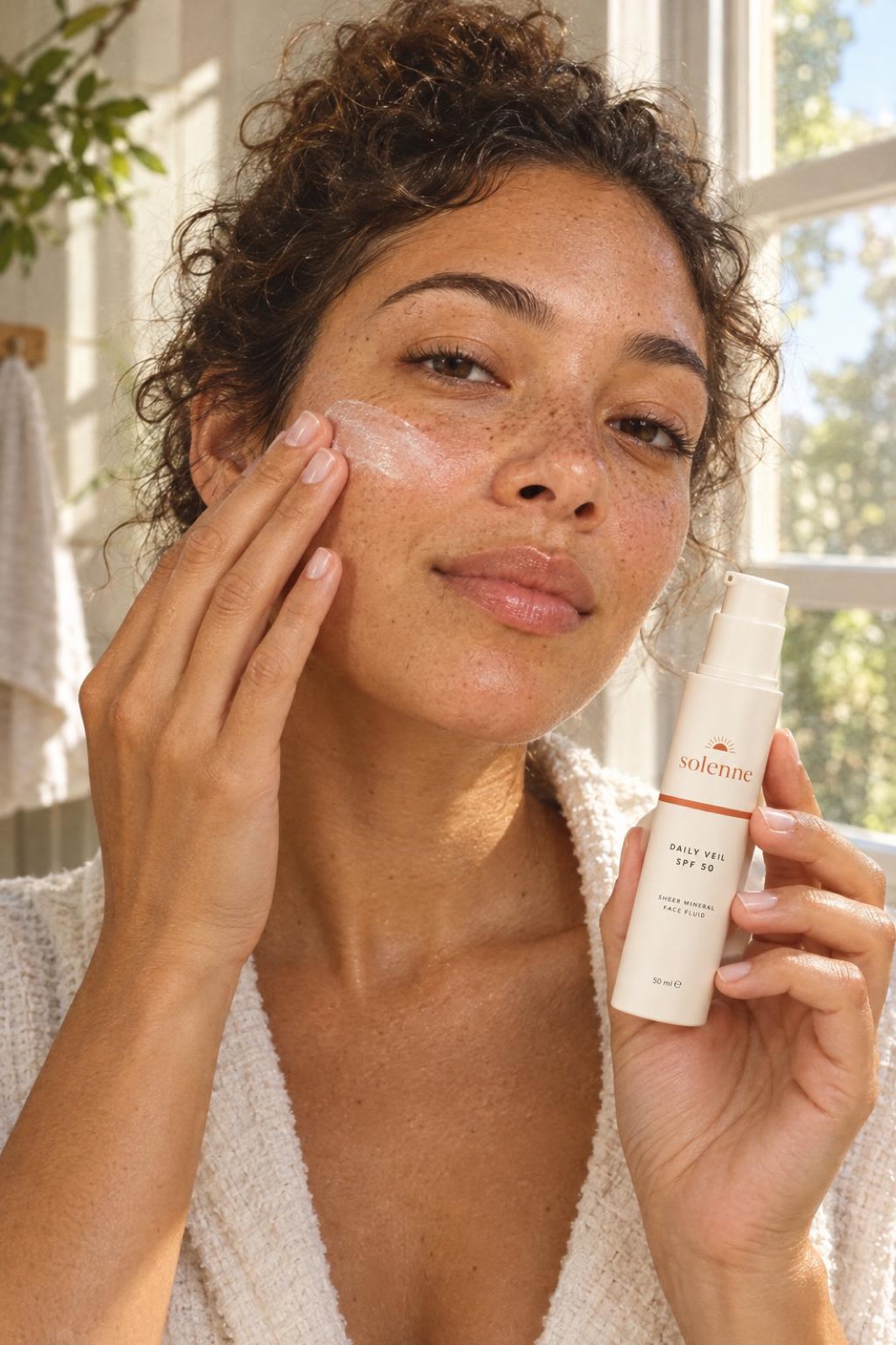Woman applying Solenne Daily Veil