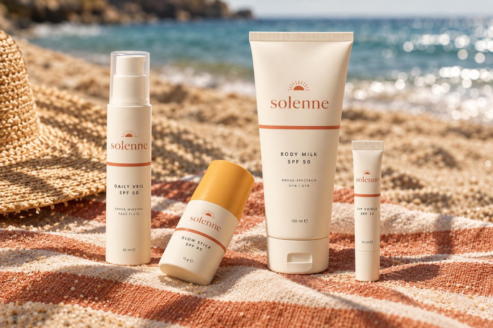 Solenne Daily Veil, Glow Stick, Body Milk and Lip Shield on a beach towel